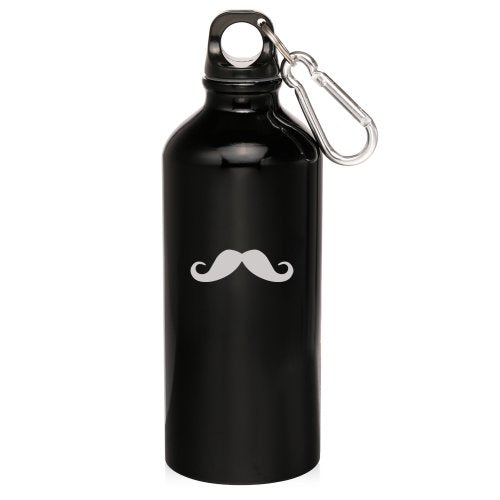 Black 20oz Aluminum Sports Water Bottle Caribiner Clip ZW457 Mustache