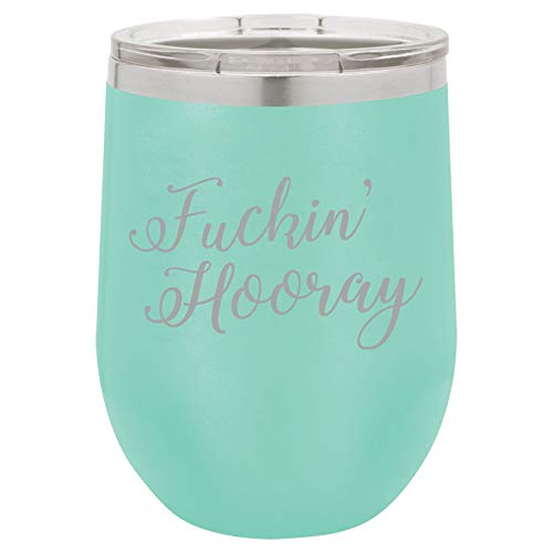 12 oz Double Wall Vacuum Insulated Stainless Steel Stemless Wine Tumbler Glass Coffee Travel Mug With Lid Fckin Hooray (Teal)