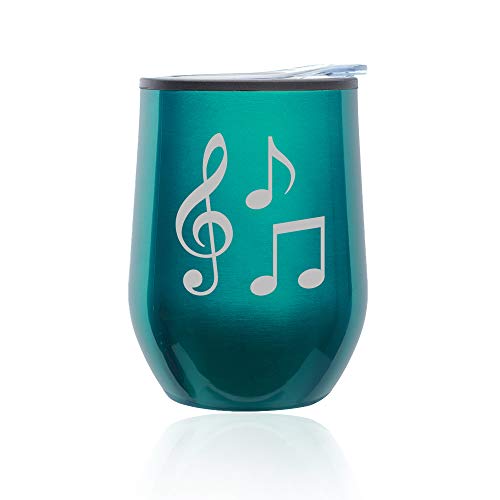 Stemless Wine Tumbler Coffee Travel Mug Glass With Lid Music Notes (Turquoise Teal)