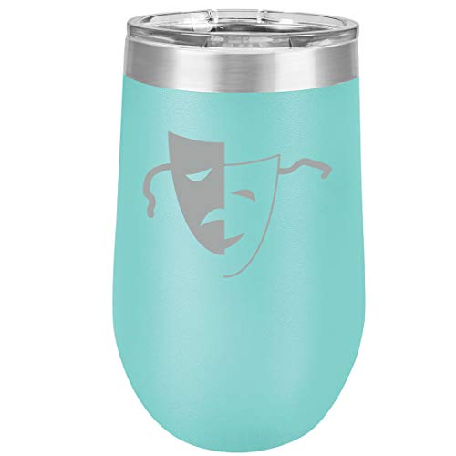 16 oz Double Wall Vacuum Insulated Stainless Steel Stemless Wine Tumbler Glass Coffee Travel Mug With Lid Drama Mask (Teal)