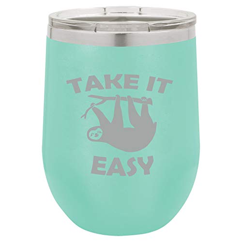 12 oz Double Wall Vacuum Insulated Stainless Steel Stemless Wine Tumbler Glass Coffee Travel Mug With Lid Take It Easy Sloth Funny (Teal)