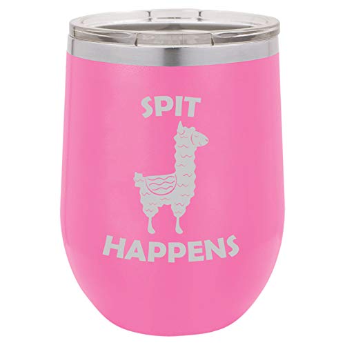 12 oz Double Wall Vacuum Insulated Stainless Steel Stemless Wine Tumbler Glass Coffee Travel Mug With Lid Spit Happens Funny Llama (Hot Pink)