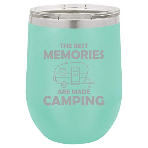 12 oz Double Wall Vacuum Insulated Stainless Steel Stemless Wine Tumbler Glass Coffee Travel Mug With Lid The Best Memories Are Made Camping (Teal)