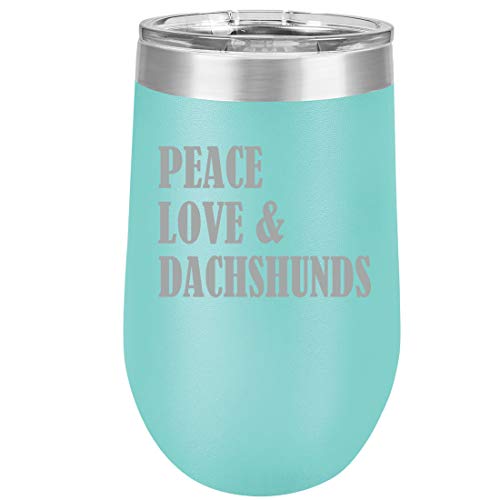 16 oz Double Wall Vacuum Insulated Stainless Steel Stemless Wine Tumbler Glass Coffee Travel Mug With Lid Peace Love & Dachshunds (Teal)