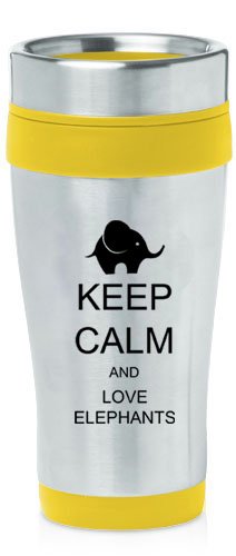 Yellow 16oz Insulated Stainless Steel Travel Mug Z409 Keep Calm and Love Elephants