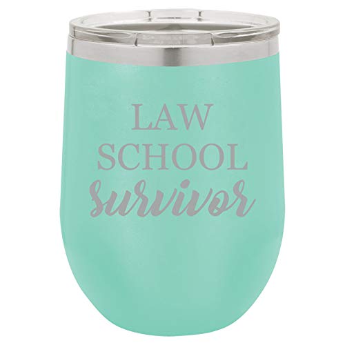 12 oz Double Wall Vacuum Insulated Stainless Steel Stemless Wine Tumbler Glass Coffee Travel Mug With Lid Law School Survivor Law School Student Lawyer Paralegal Funny (Teal)