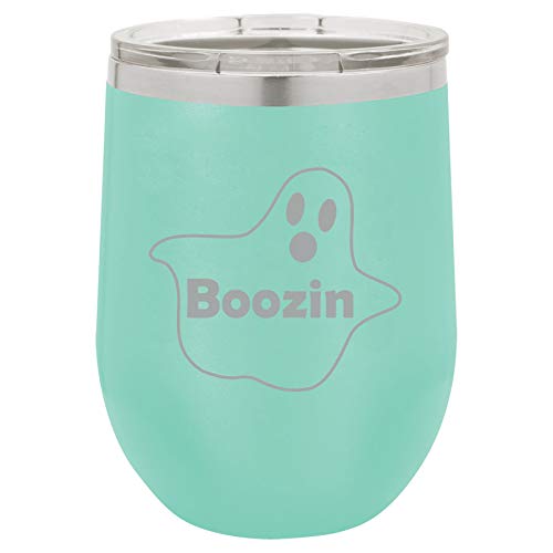 12 oz Double Wall Vacuum Insulated Stainless Steel Stemless Wine Tumbler Glass Coffee Travel Mug With Lid Boozin Ghost Funny Halloween (Teal)