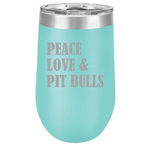 16 oz Double Wall Vacuum Insulated Stainless Steel Stemless Wine Tumbler Glass Coffee Travel Mug With Lid Peace Love & Pit Bulls (Teal)