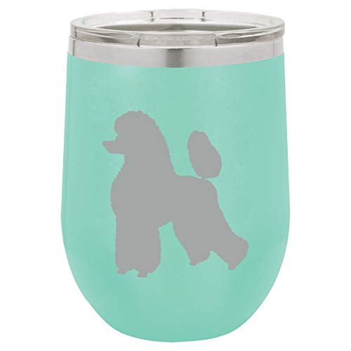 12 oz Double Wall Vacuum Insulated Stainless Steel Stemless Wine Tumbler Glass Coffee Travel Mug With Lid Poodle (Teal)