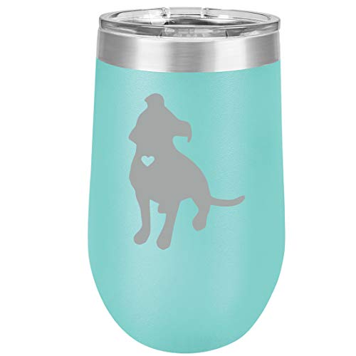 16 oz Double Wall Vacuum Insulated Stainless Steel Stemless Wine Tumbler Glass Coffee Travel Mug With Lid Cute Pit Bull With Heart (Teal)
