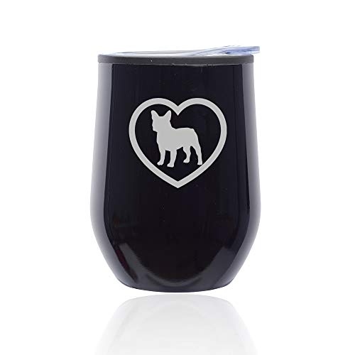 Stemless Wine Tumbler Coffee Travel Mug Glass With Lid French Bulldog Heart (Midnight Black)