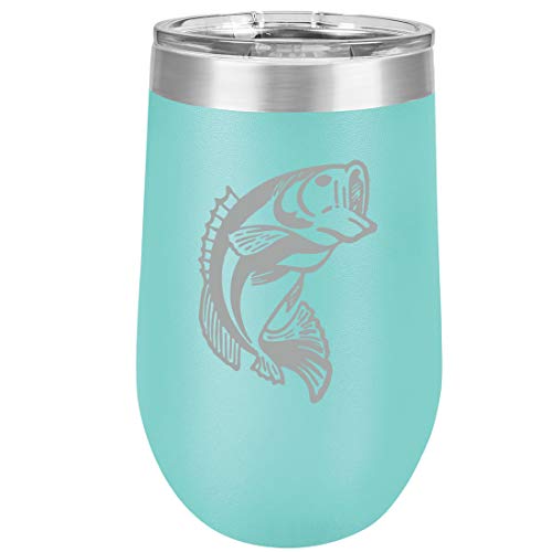 16 oz Double Wall Vacuum Insulated Stainless Steel Stemless Wine Tumbler Glass Coffee Travel Mug With Lid Bass Fish (Teal)