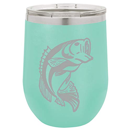 12 oz Double Wall Vacuum Insulated Stainless Steel Stemless Wine Tumbler Glass Coffee Travel Mug With Lid Bass Fish (Teal)