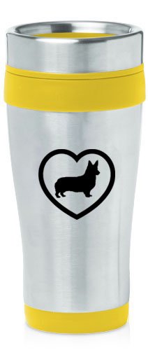 Yellow 16oz Insulated Stainless Steel Travel Mug Z833 Corgi Heart