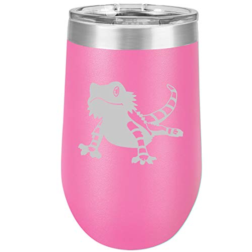 16 oz Double Wall Vacuum Insulated Stainless Steel Stemless Wine Tumbler Glass Coffee Travel Mug With Lid Bearded Dragon Lizard (Hot Pink)