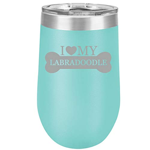 16 oz Double Wall Vacuum Insulated Stainless Steel Stemless Wine Tumbler Glass Coffee Travel Mug With Lid I Love My Labradoodle (Teal)