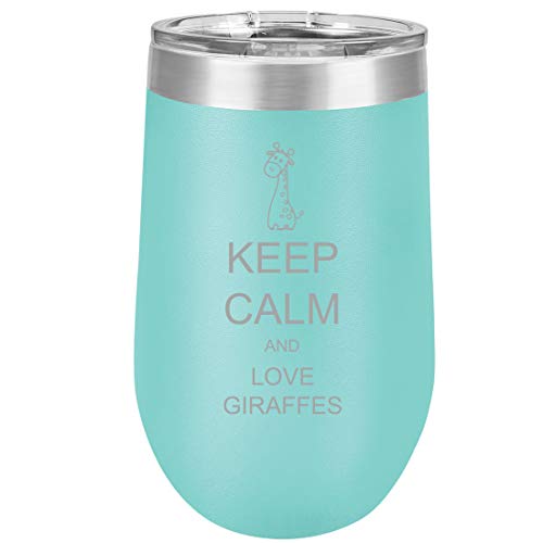 16 oz Double Wall Vacuum Insulated Stainless Steel Stemless Wine Tumbler Glass Coffee Travel Mug With Lid Keep Calm And Love Giraffes (Teal)