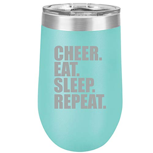16 oz Double Wall Vacuum Insulated Stainless Steel Stemless Wine Tumbler Glass Coffee Travel Mug With Lid Cheer Eat Sleep Repeat Cheerleader (Teal)