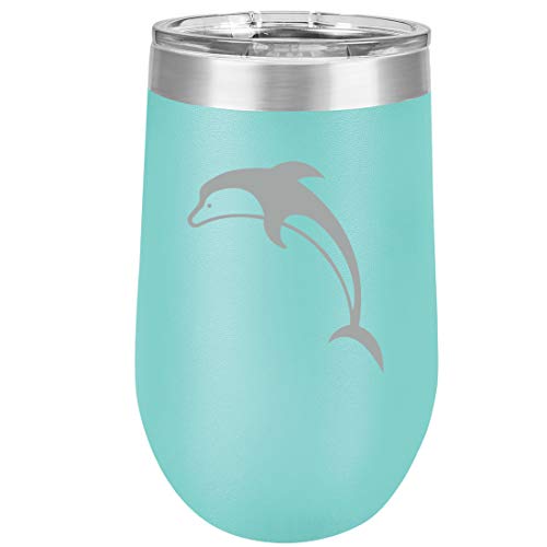 16 oz Double Wall Vacuum Insulated Stainless Steel Stemless Wine Tumbler Glass Coffee Travel Mug With Lid Dolphin (Teal)