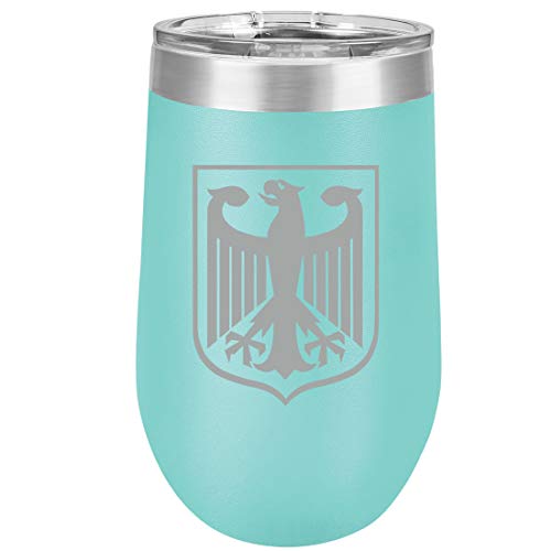 16 oz Double Wall Vacuum Insulated Stainless Steel Stemless Wine Tumbler Glass Coffee Travel Mug With Lid Germany German Eagle (Teal)