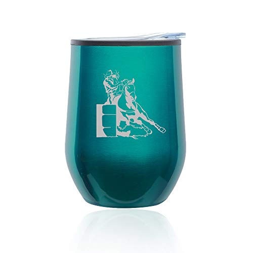 Stemless Wine Tumbler Coffee Travel Mug Glass With Lid Female Barrel Racing Cowgirl (Turquoise Teal)