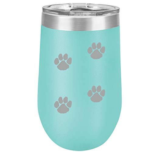 16 oz Double Wall Vacuum Insulated Stainless Steel Stemless Wine Tumbler Glass Coffee Travel Mug With Lid Paw Prints Walking (Teal)