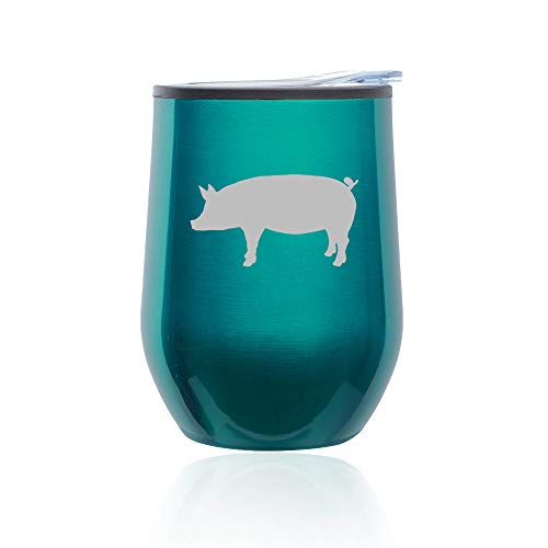 Stemless Wine Tumbler Coffee Travel Mug Glass With Lid Pig (Turquoise Teal)
