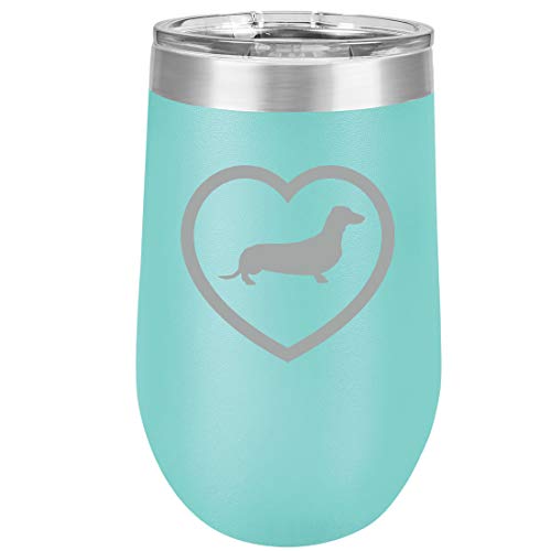 16 oz Double Wall Vacuum Insulated Stainless Steel Stemless Wine Tumbler Glass Coffee Travel Mug With Lid Dachshund Heart (Teal)