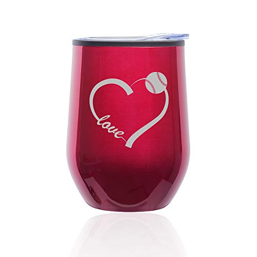 Stemless Wine Tumbler Coffee Travel Mug Glass With Lid Love Heart Baseball Softball (Fuchsia)