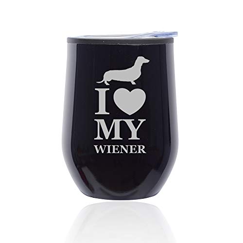 Stemless Wine Tumbler Coffee Travel Mug Glass With Lid I Love My Wiener Dachshund (Midnight Black)