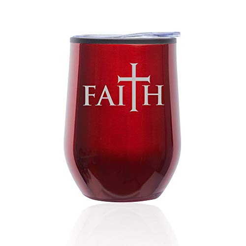 Stemless Wine Tumbler Coffee Travel Mug Glass With Lid Faith Cross (Red)