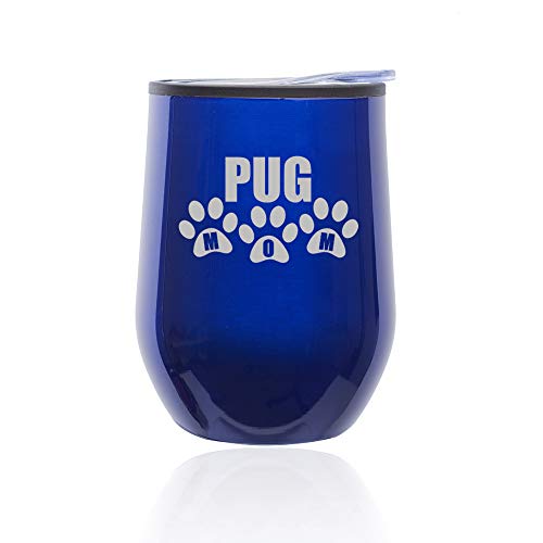 Stemless Wine Tumbler Coffee Travel Mug Glass With Lid Pug Mom (Blue)