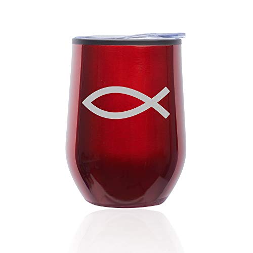 Stemless Wine Tumbler Coffee Travel Mug Glass With Lid Christian Fish Symbol (Red)