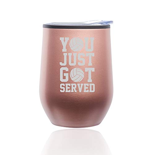 Stemless Wine Tumbler Coffee Travel Mug Glass With Lid You Just Got Served Volleyball (Rose Gold)
