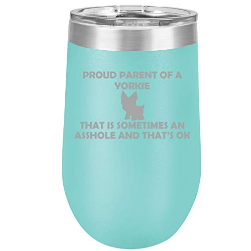 16 oz Double Wall Vacuum Insulated Stainless Steel Stemless Wine Tumbler Glass Coffee Travel Mug With Lid Proud Parent Yorkie (Teal)