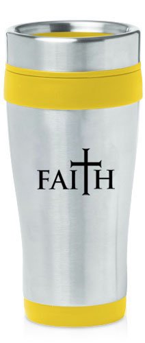 Yellow 16oz Insulated Stainless Steel Travel Mug Z953 Faith Cross