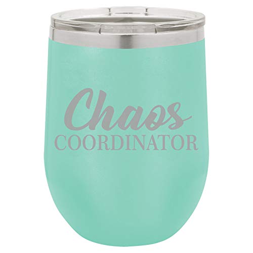 12 oz Double Wall Vacuum Insulated Stainless Steel Stemless Wine Tumbler Glass Coffee Travel Mug With Lid Chaos Coordinator Mom Mother Teacher (Teal)