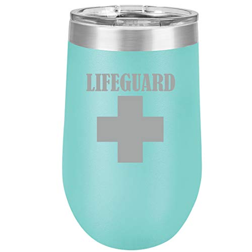 16 oz Double Wall Vacuum Insulated Stainless Steel Stemless Wine Tumbler Glass Coffee Travel Mug With Lid Lifeguard (Teal)