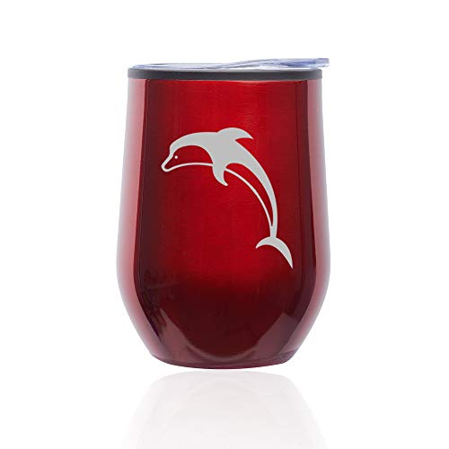 Stemless Wine Tumbler Coffee Travel Mug Glass With Lid Dolphin (Red)