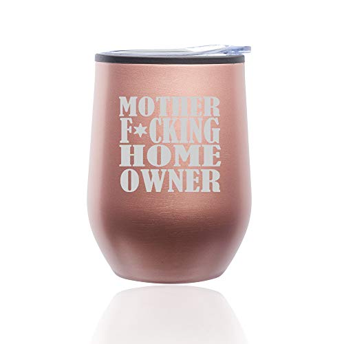 Stemless Wine Tumbler Coffee Travel Mug Glass With Lid Mother F ing Home Owner House Warming (Rose Gold)