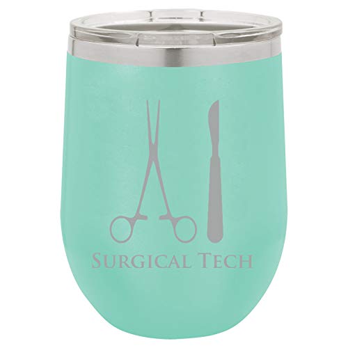 12 oz Double Wall Vacuum Insulated Stainless Steel Stemless Wine Tumbler Glass Coffee Travel Mug With Lid Surgical Tech (Teal)