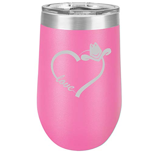 16 oz Double Wall Vacuum Insulated Stainless Steel Stemless Wine Tumbler Glass Coffee Travel Mug With Lid Love Heart Country Cowgirl (Hot Pink)