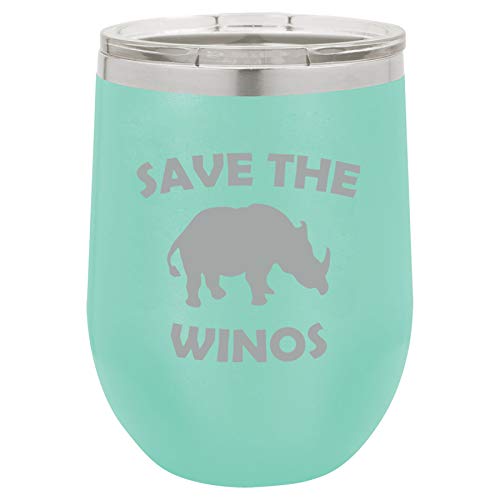 12 oz Double Wall Vacuum Insulated Stainless Steel Stemless Wine Tumbler Glass Coffee Travel Mug With Lid Save The Winos Rhinoceros Rhino Funny (Teal)