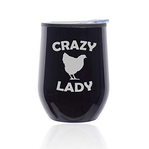 Stemless Wine Tumbler Coffee Travel Mug Glass With Lid Crazy Chicken Lady (Midnight Black)