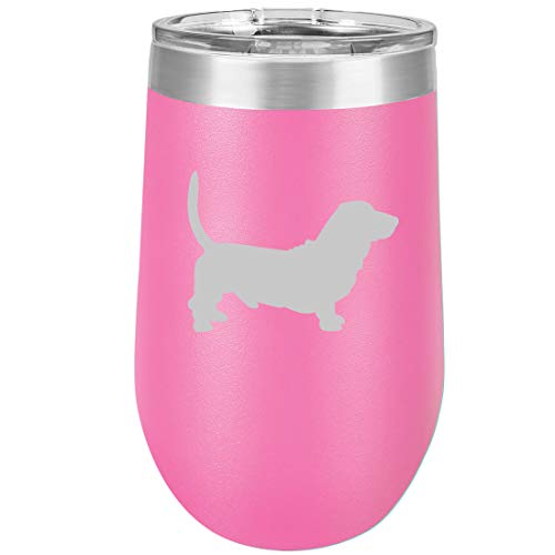 16 oz Double Wall Vacuum Insulated Stainless Steel Stemless Wine Tumbler Glass Coffee Travel Mug With Lid Basset Hound (Hot Pink)