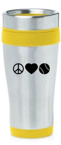 Yellow 16oz Insulated Stainless Steel Travel Mug Z2353 Peace Love Baseball Softball,MIP