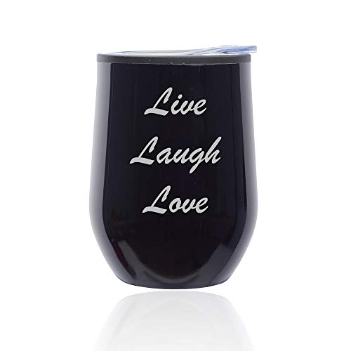 Stemless Wine Tumbler Coffee Travel Mug Glass With Lid Live Laugh Love (Midnight Black)