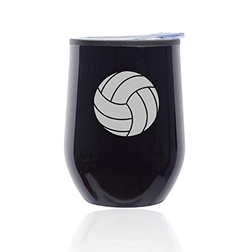 Stemless Wine Tumbler Coffee Travel Mug Glass With Lid Volleyball (Midnight Black)