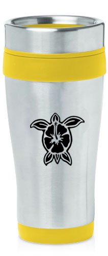 Yellow 16oz Insulated Stainless Steel Travel Mug Z1041 Hibiscus Turtle