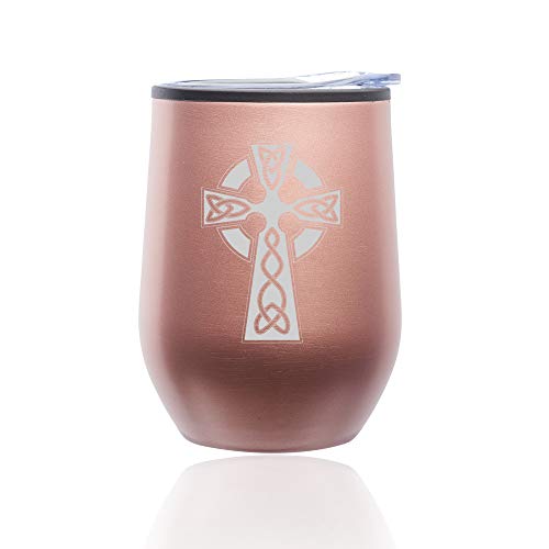 Stemless Wine Tumbler Coffee Travel Mug Glass With Lid Celtic Cross (Rose Gold)